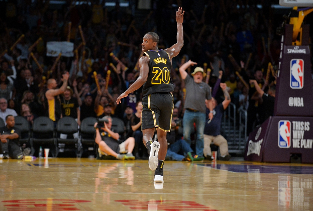 Los Angeles Lakers guard Andre Ingram (20) reacts after he shoots a three point basket against the Houston Rockets during the second half at Staples Center. Gary A. Vasquez