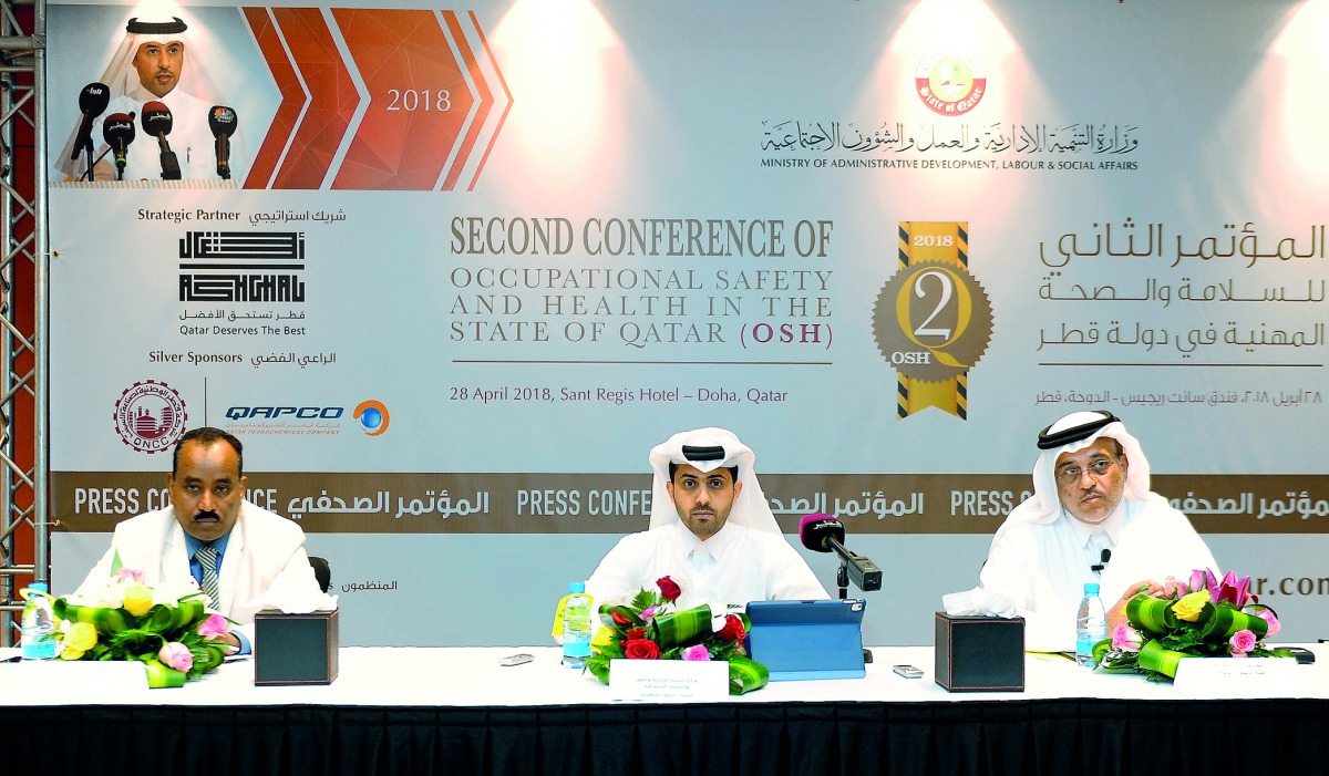 Faisal Al Shuaibi (centre), Head of International Labor Relations Department at the Ministry of Administrative Development, Labour and Social Affairs, Eng Khaled Al Emadi (right), Quality and Safety Manager at Ashghal, and Babekir Osman, Partner and GM of