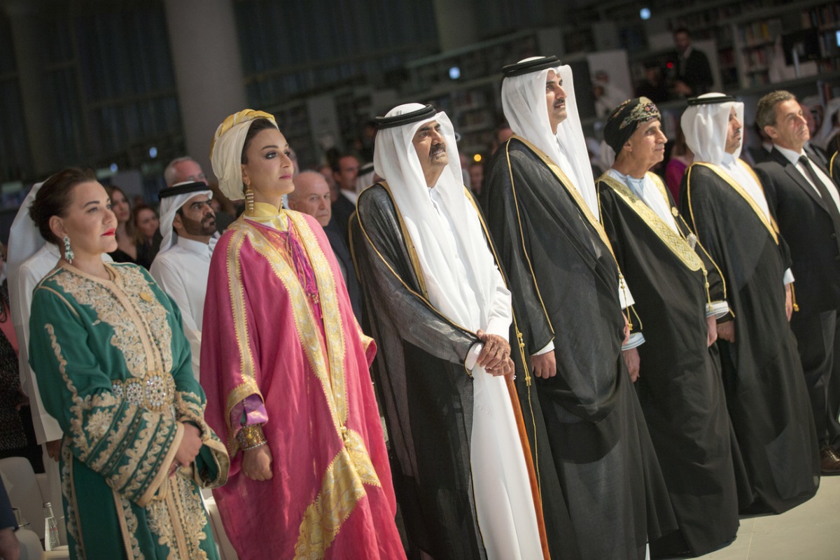 Emir H H Sheikh Tamim bin Hamad Al Thani, Father Emir H H Sheikh Hamad bin Khalifa Al Thani, H H Sheikha Moza bint Nasser, Prime Minister and Interior Minister H E Sheikh Abdullah bin Nasser bin Khalifa Al Thani and other dignitaries during the inaugurati