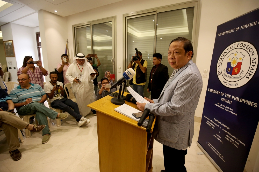 Filippino Ambassador in Kuwait Renato PO Villa speaks during a press conference at the Philippines embassy in Kuwait City on April 21, 2018. / AFP / YASSER AL-ZAYYAT