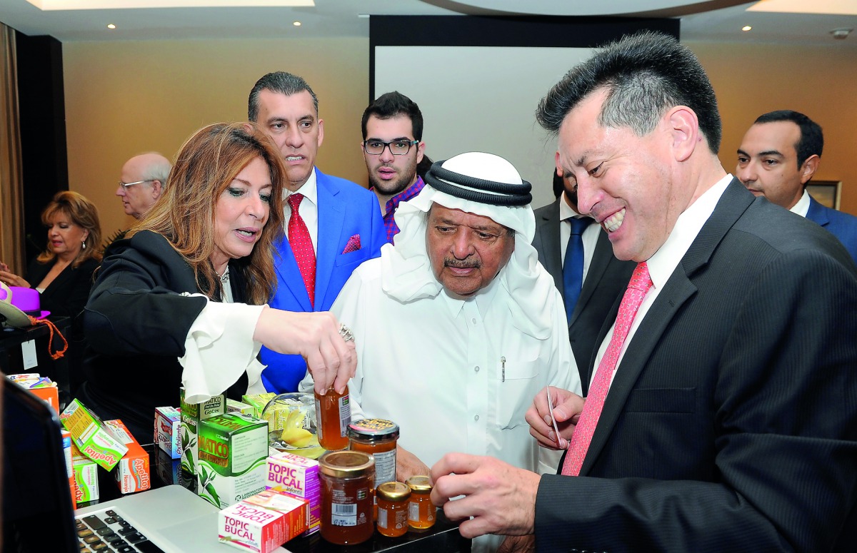 The Ambassador of Ecuador to Qatar, Ivonne A-Baki (left), with Chairman of Qatari Businessmen Association, Sheikh Faisal bin Qassim Al Thani (centre), and members of Ecuador business delegation and other guests at the event.  Pic: Salim Matramkot/The Peni