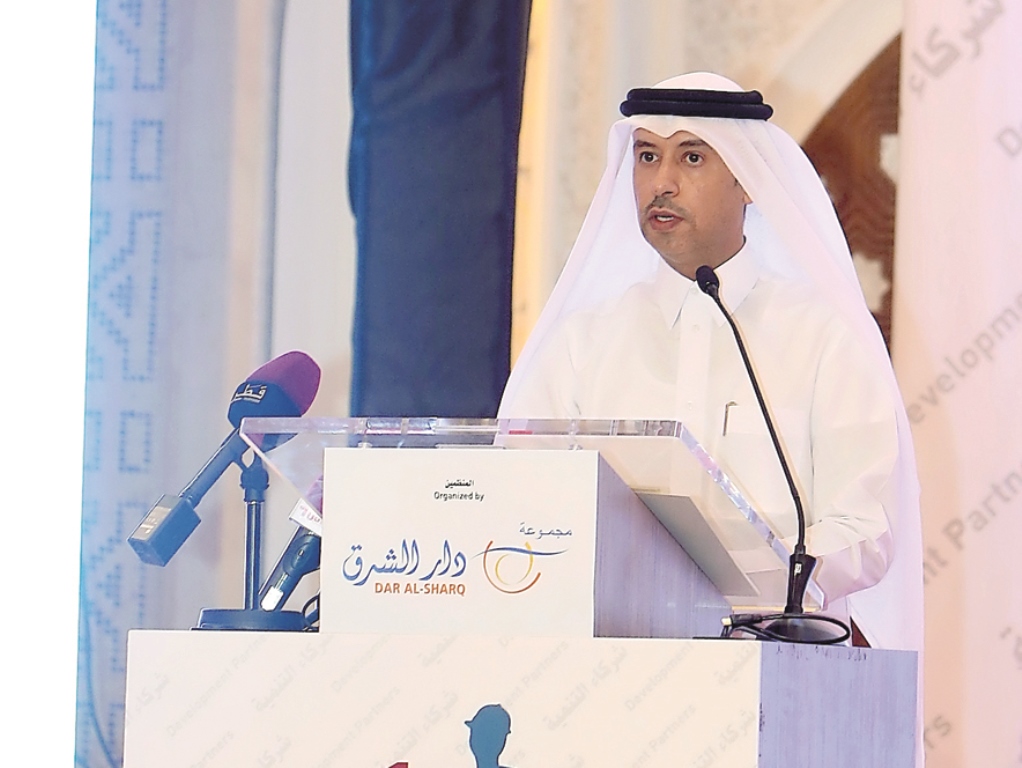 Minister of Administrative Development, Labour and Social Affairs, H E Dr Issa bin Saad Al Jafali Al Nuaimi, addressing the 5th Labour and Workers Conference yesterday.