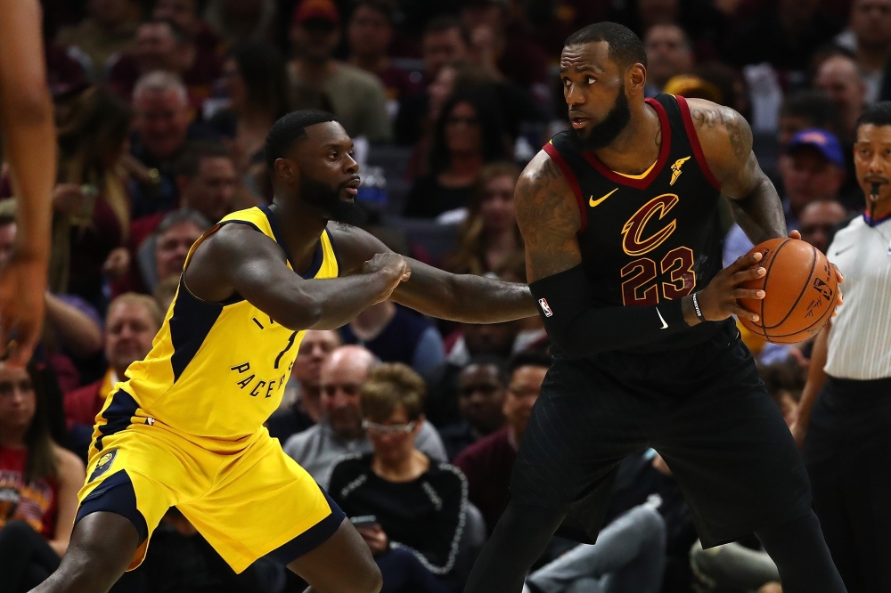 LeBron James #23 of the Cleveland Cavaliers looks to drive around Lance Stephenson #1 of the Indiana Pacers during the second half of Game Five of the Eastern Conference Quarterfinals during the 2018 NBA Playoffs at Quicken Loans Arena on April 25, 2018 i