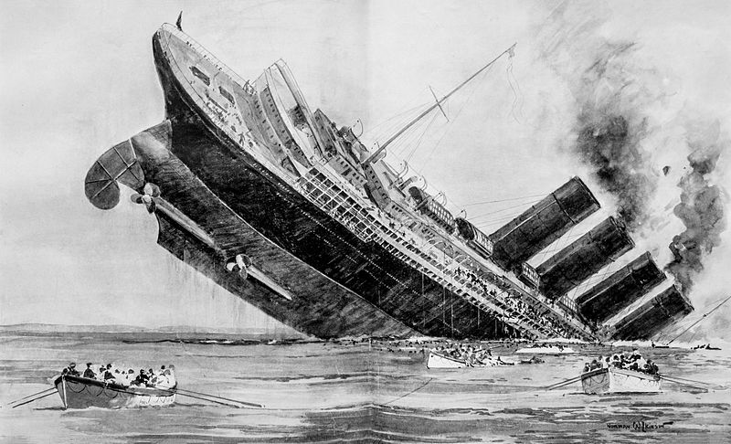 Sinking of the Lusitania. Engraving by Norman Wilkinson, The Illustrated London News, May 15, 1915. P. 631. (Wikimedia Commons)