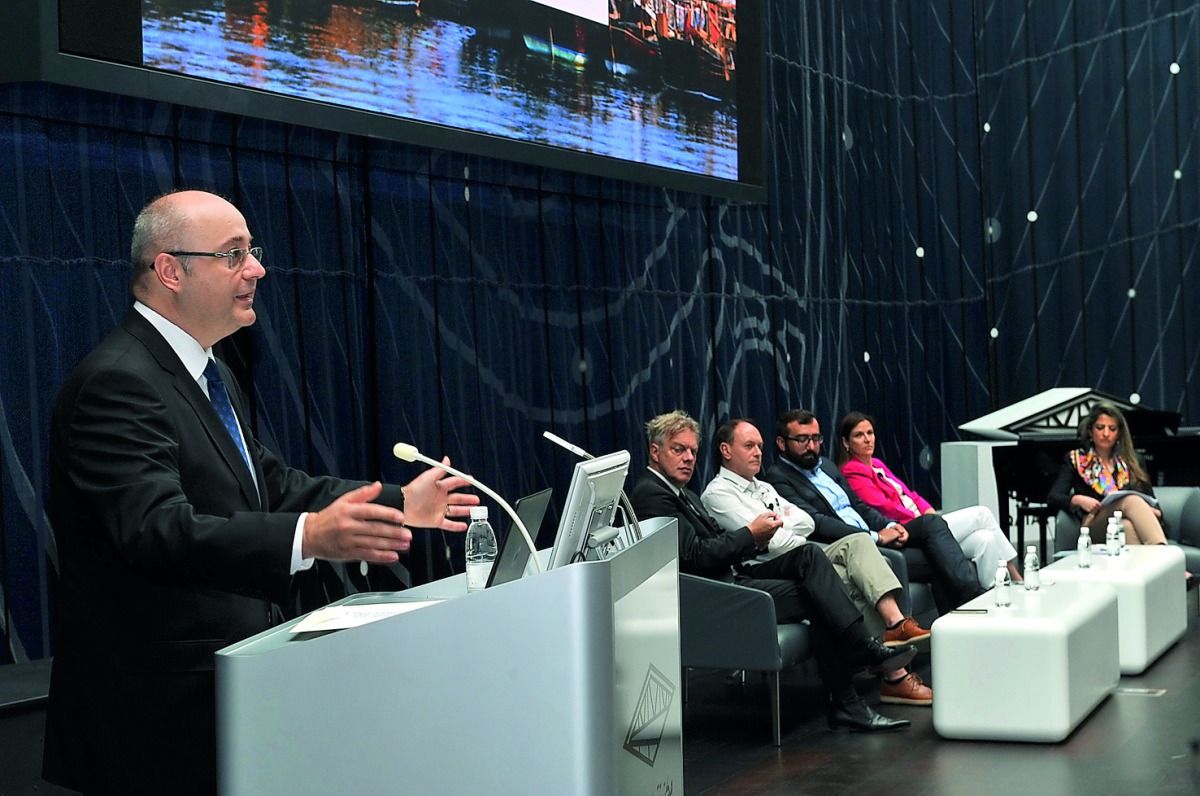 The Bulgarian Ambassador to Qatar, Metin Kazak, speaking at the Europe Day held at the Qatar National Library yesterday, as the panelist, Keen Wieringa, Stephane Ipert, Dr Ferhan Sakal, Dr Anna Paoloni and moderator, Mona Hamed Hussain, look on. Pic: Sali