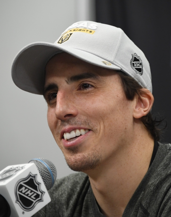 Marc-Andre Fleury #29 of the Vegas Golden Knights speaks during a news conference following the team's 4-2 win over the Winnipeg Jets in Game Three of the Western Conference Finals during the 2018 NHL Stanley Cup Playoffs at T-Mobile Arena on May 16, 2018