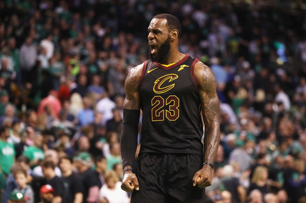 LeBron James #23 of the Cleveland Cavaliers reacts in the second half against the Boston Celtics during Game Seven of the 2018 NBA Eastern Conference Finals at TD Garden on May 27, 2018 in Boston, Massachusetts.Maddie Meyer/AFP
