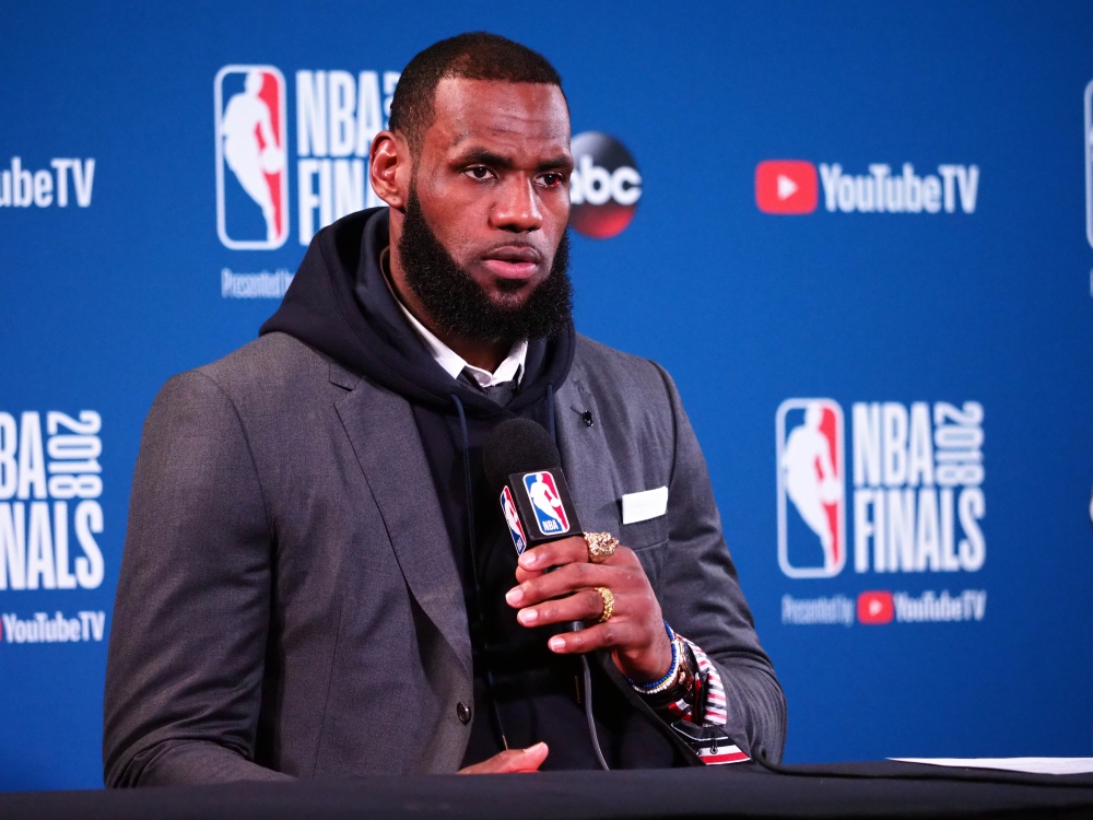 Cleveland Cavaliers forward LeBron James (23) speaks to media following game two of the 2018 NBA Finals at Oracle Arena. Kelley L Cox
