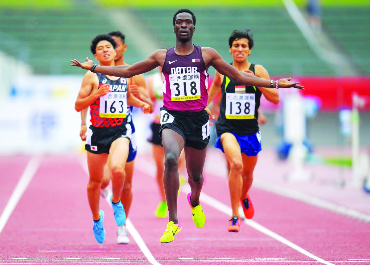 Qatar’s Saife Saifeldin celebrates his win in the Boys’ 1500 metres final of the 18th Asian Junior Athletics Championship in Gifu, Japan yesterday.
