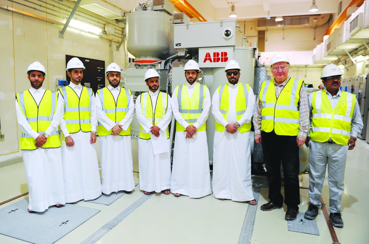 Eng. Ahmed Ali Al Kuwari (third left); Ahmad Al Kuwari, Head of the Projects Section at Kahramaa; with other officials during the inauguration of Kahramaa Al Waab station yesterday. Pic: Abdul Basit / The Peninsula 