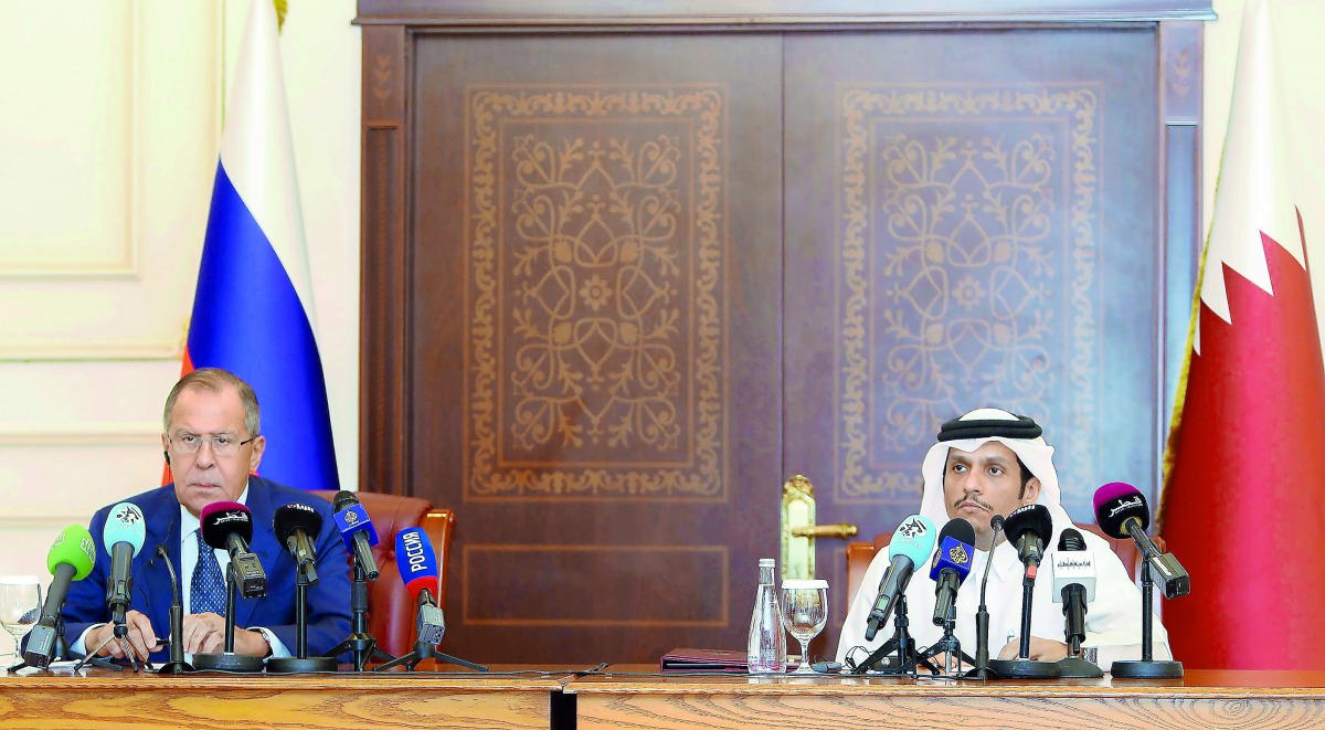 Deputy Prime Minister and Minister of Foreign Affairs, H E Sheikh Mohamed bin Abdulrahman Al Thani, with Russian Foreign Minister Sergei Lavrov at a joint press conference in Doha.  (File picture)