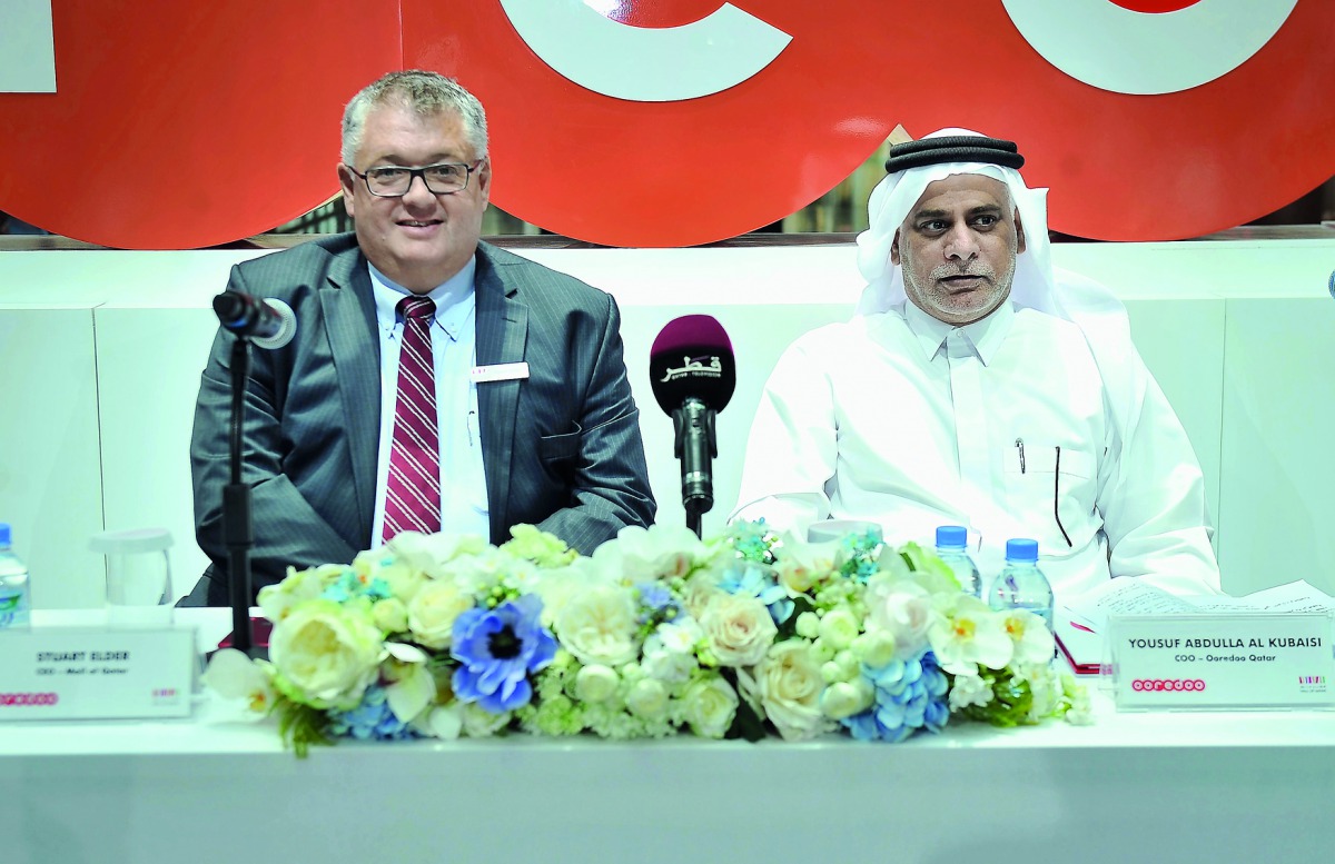 Stuart Elder (left), Mall of Qatar CEO, and Yousuf Abdulla Al Kubaisi, Ooredoo Qatar COO, during a press conference at the Mall of Qatar yesterday. Pic: Baher Amin / The Peninsula