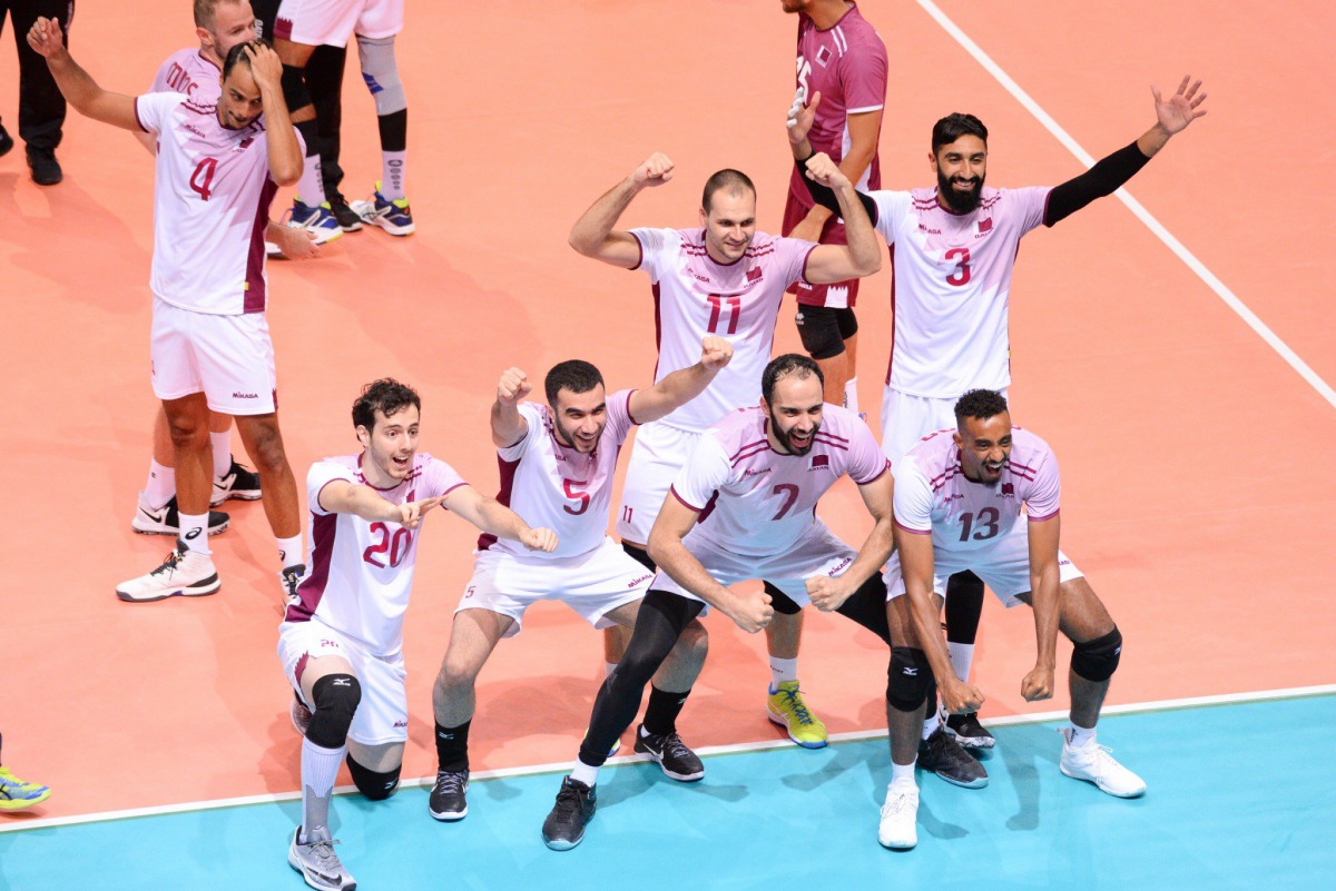 Qatar players celebrate their win over Japan in the Asian Volleyball Confederation (AVC) Cup semi-final match in Chinese Taipei yesterday.