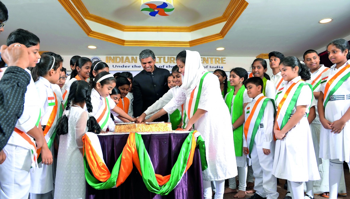 The Ambassador celebrating India’s 72nd Independence Day with schoolchildren at the Indian Cultural Center, Al Mamoura, yesterday. Pic: Salim Matramkot / The Peninsula.