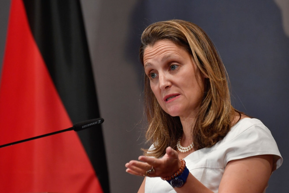 Canadian Foreign Minister Chrystia Freeland addresses ambassadors as she speaks during the opening of an ambassadors' conference on August 27, 2018 at the Foreign Ministry in Berlin. (AFP / John MACDOUGALL)