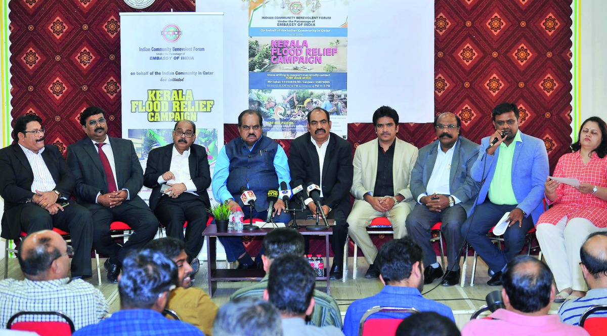 Prominent members of Indian expatriate community including Girish Kumar, C V Rappai, Hassan Chogule, Devis Edukulathur, Jutas Paul, Baburajan, Mahesh Gowda and Niveditha at the ICBF press conference at the Indian Cultural Center yesterday.  PIC:  Baher Am