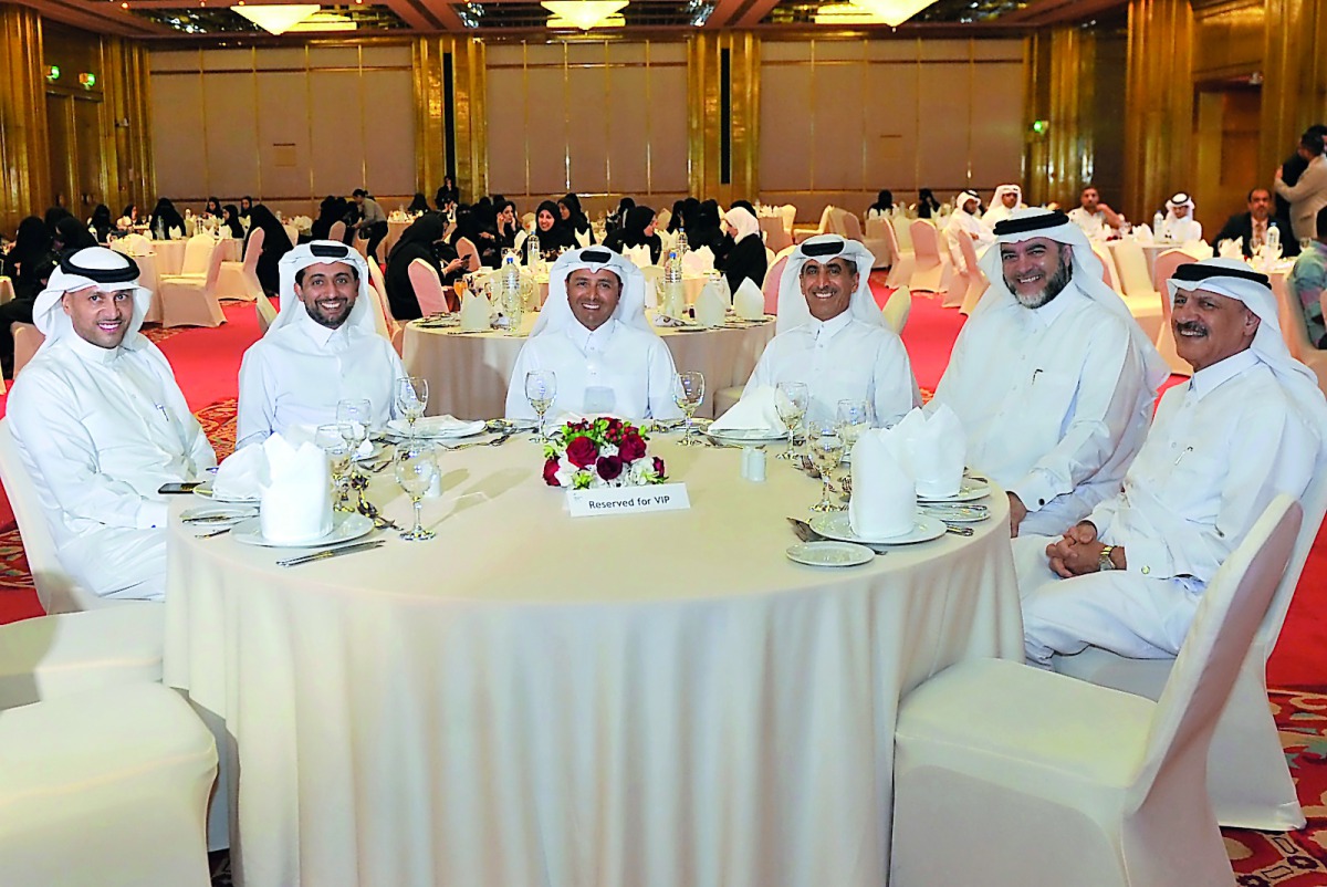 Minister of Education and Higher Education, H E Dr Mohammed bin Abdul Wahed Ali Al Hammadi (third left), Under-secretary of the Ministry of Education and Higher Education, Dr Ibrahim bin Saleh Al Nuaimi (third right), and President of Qatar University, Dr