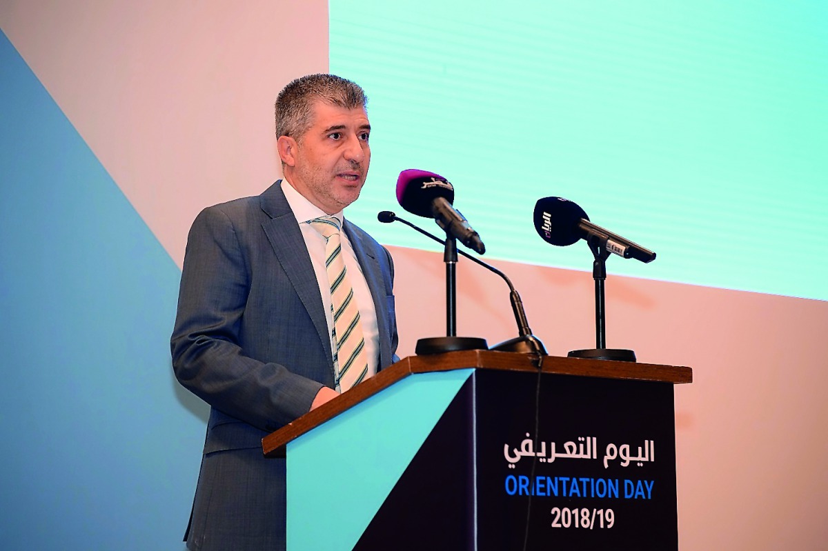 HBKU President Dr Ahmad M Hasnah addressing the Orientation Day yesterday