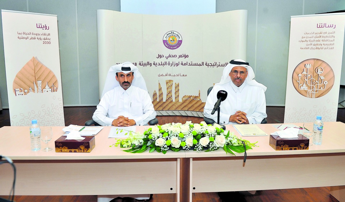 Dhafer Mohammed Al Hajri (left), Director of Planning and Quality at MME and Sheikh Faleh bin Nasser Al Thani, MME Assistant Undersecretary for General Services Affairs, at the press Conference held at the Ministry of Municipality and Environment Tower ye