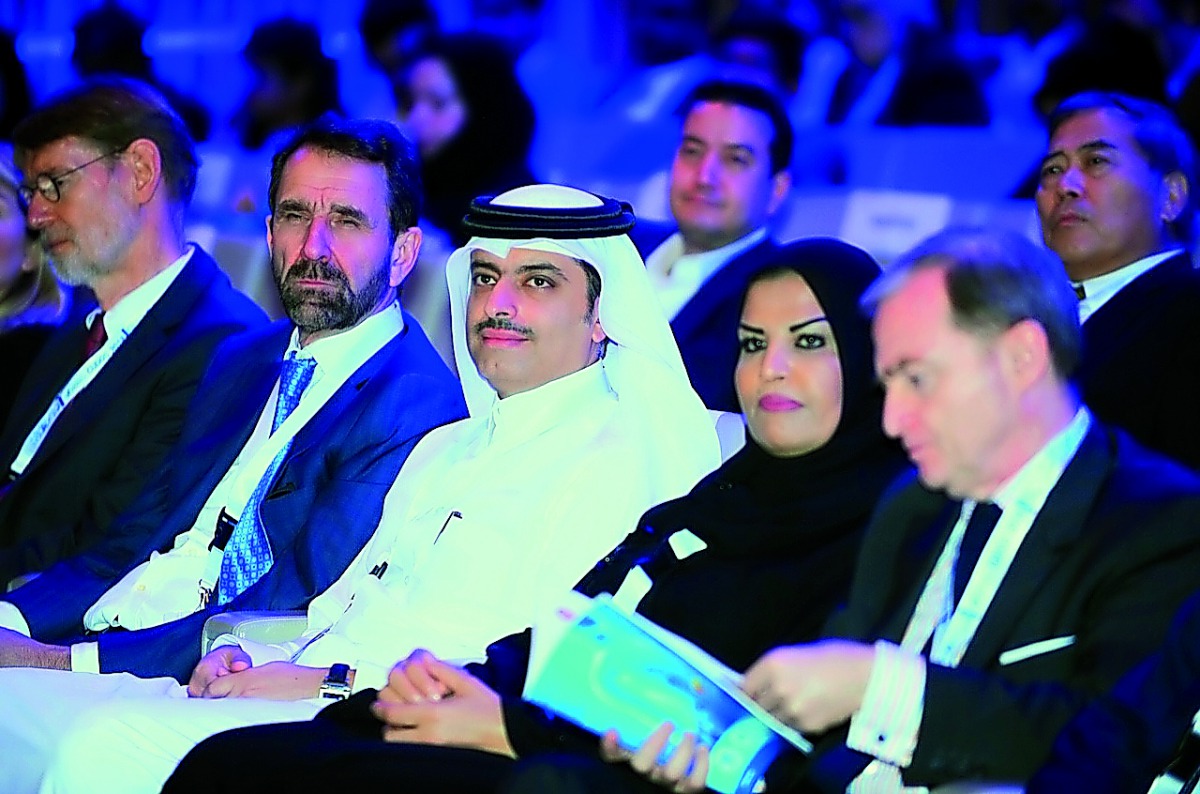 Peter Morris (second left), CEO, Sidra Medicine, and Sheikh Dr Mohammed bin Hamad Al Thani (third left), Director of Public Health Department at the Ministry of Public Health, with other officials during the opening session of CUDOS 2018 at QNCC. 