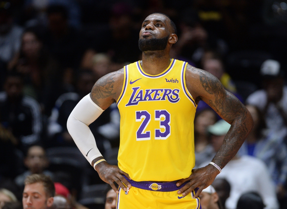 Los Angeles Lakers forward LeBron James (23) looks on during the first quarter against the Denver Nuggets at Valley View Casino Center.  Orlando Ramirez