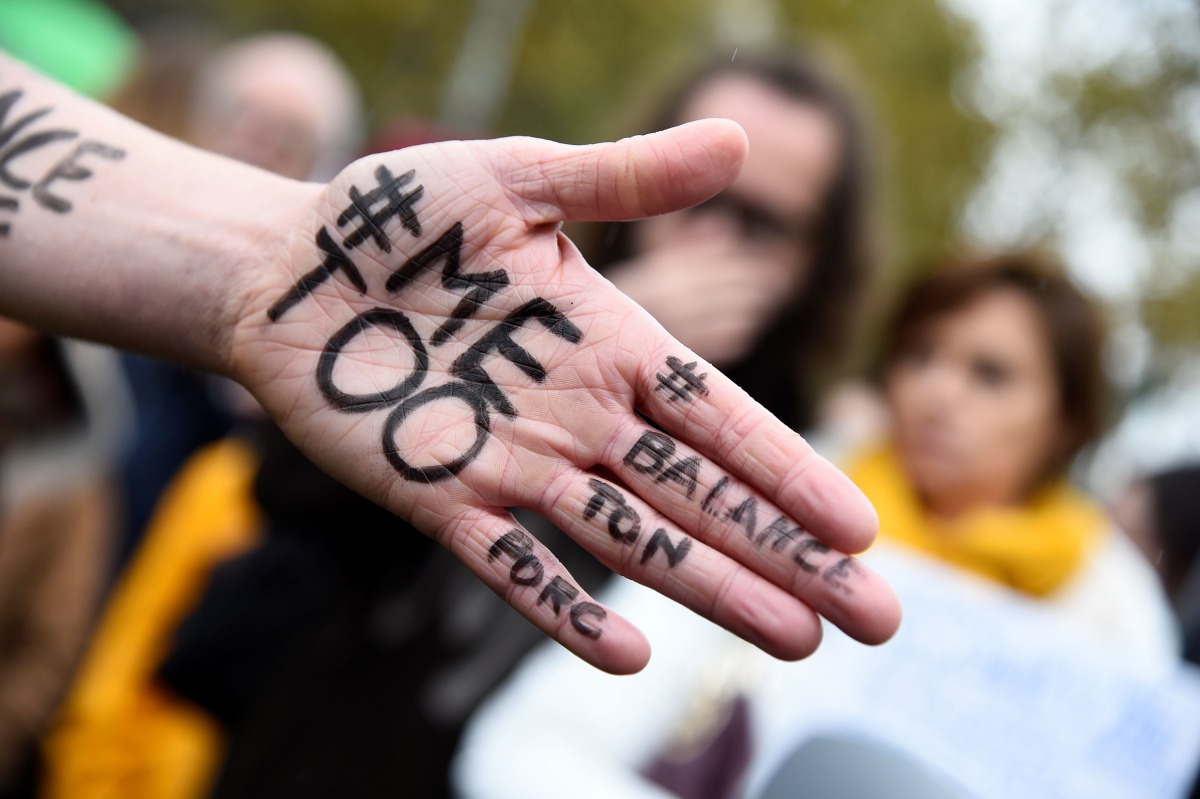 #MeToo on the hand of a protester during a gathering in Paris on October 29, 2017. (AFP/Bertrand Guay) 