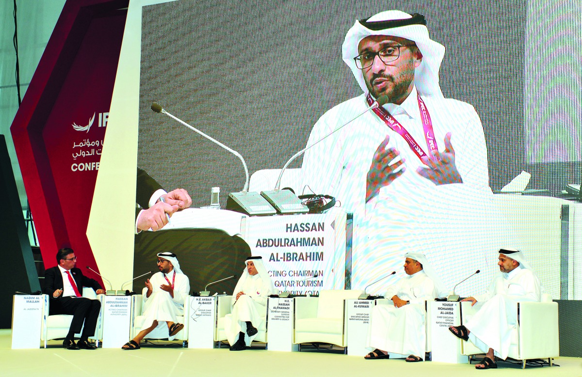 Hassan Abdulrahman Al Ibrahim (second left), Acting CEO, Qatar Tourism Authority, addressing a panel discussion at the IPEC. Others from left are, Moderator Nadim Al Mallah of Al Jazeera TV; Akbar Al Baker, Group CEO, Qatar Airways; Ali Ahmed Al Kuwari, C