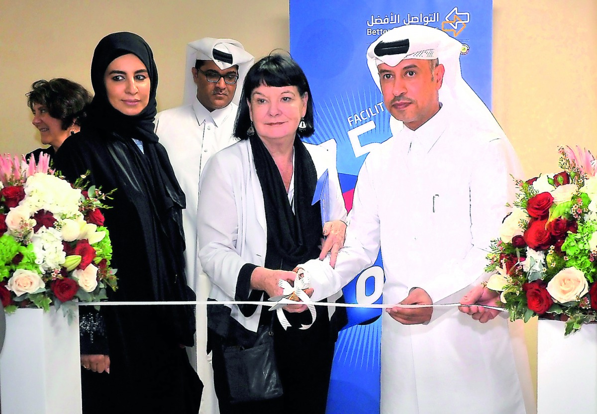 H E Dr Issa bin Saad Al Jafali Al Nuaimi, the Minister of Administrative Development Labour and Social Affairs, and Sharan Burrow, the Secretary-General of the ITUC cutting the ribbon during the opening of the 750th Better Connections ICT Facility held in