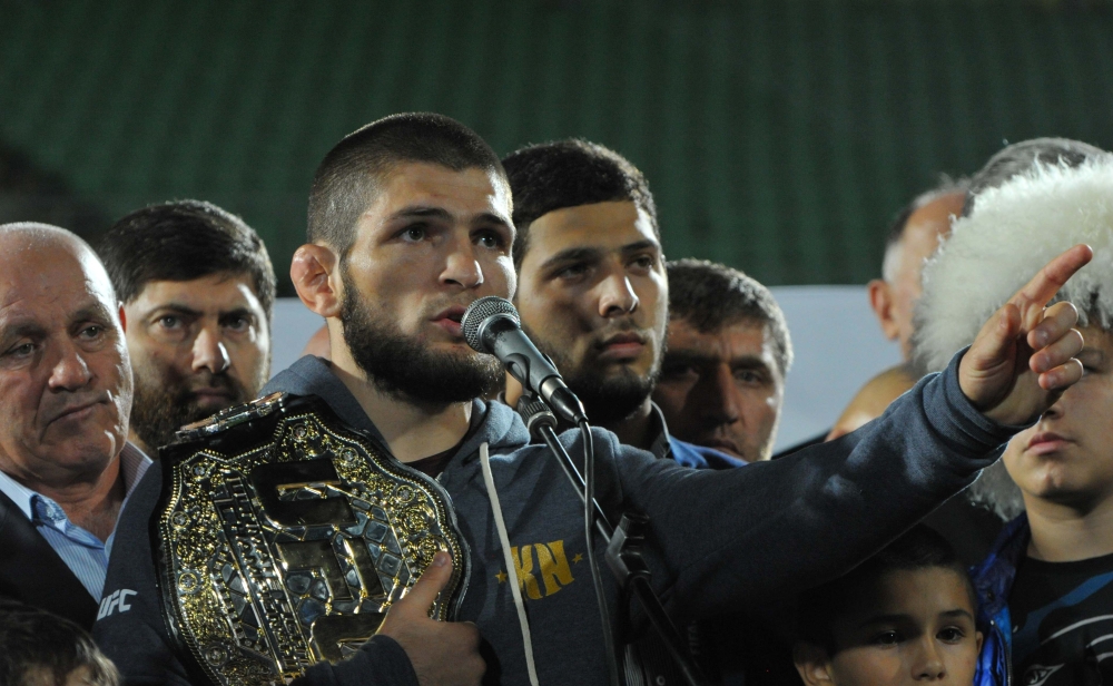 Russia's Khabib Nurmagomedov, UFC lightweight champion who defeated Conor McGregor of Ireland in the main event of UFC 229, speaks during the ceremony of honouring him at Anzhi Arena in Kaspiysk, a city in the republic of Dagestan, Russia October 8, 2018.