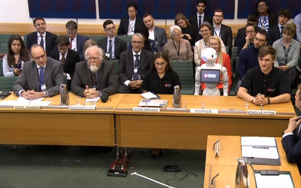 A video grab from footage broadcast by the UK Parliament's Parliamentary Recording Unit (PRU) shows a robot called Pepper attending an Education Select Committee hearing in London on October 16, 2018.  AFP/ PRU