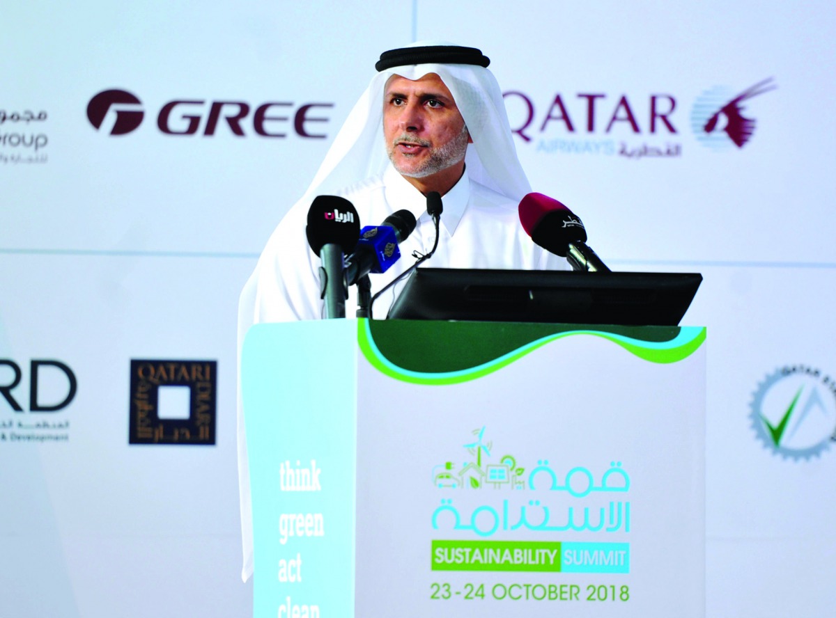 Dr Yousef Al Horr, Founding Chairman of the GORD, at the opening of Sustainability Summit yesterday. Pic: Abdul Basit / The Peninsula