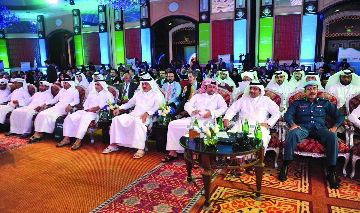 Minister of Municipality and Environment H E Mohamed bin Abdullah Al Rumaihi and other dignitaries at the opening of the Sustainability Summit, yesterday. Pic: Abdul Basit / The Peninsula