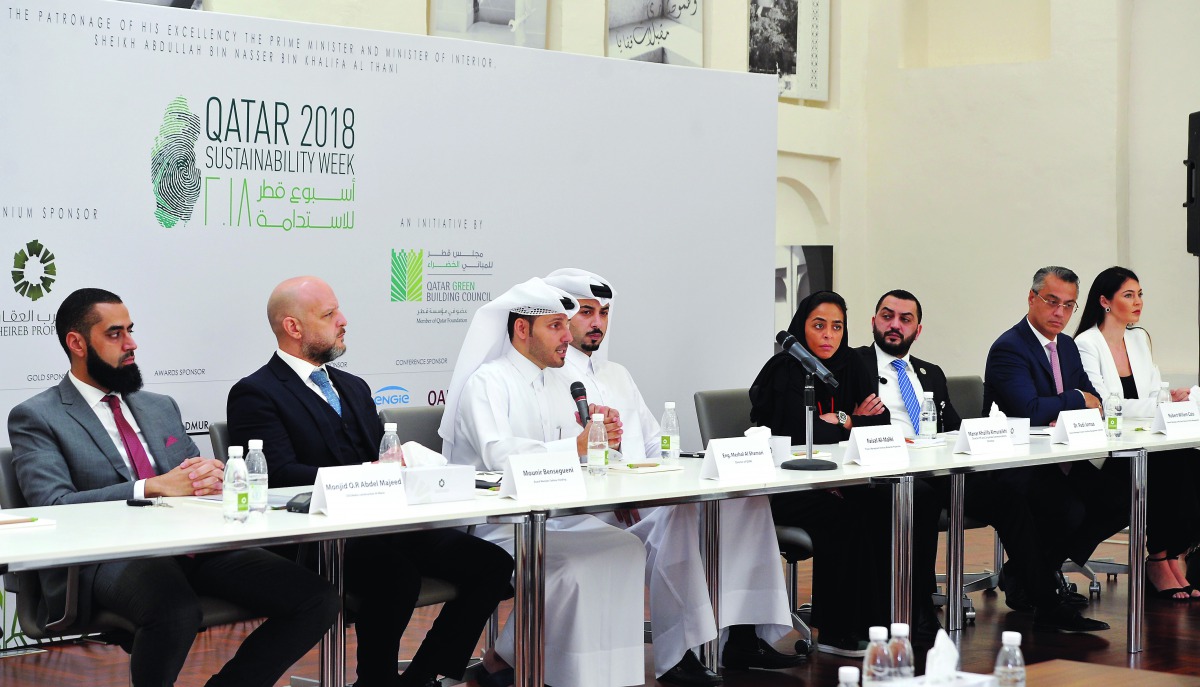 QGBC Director Eng Meshal Al Shamari (third left) and other officials at the press conference on Qatar Sustainability Week 2018, at the  Bin Jelmood House of the Msheireb Museums in Doha yesterday. 
Pic: Salim Matramkot / The Peninsula