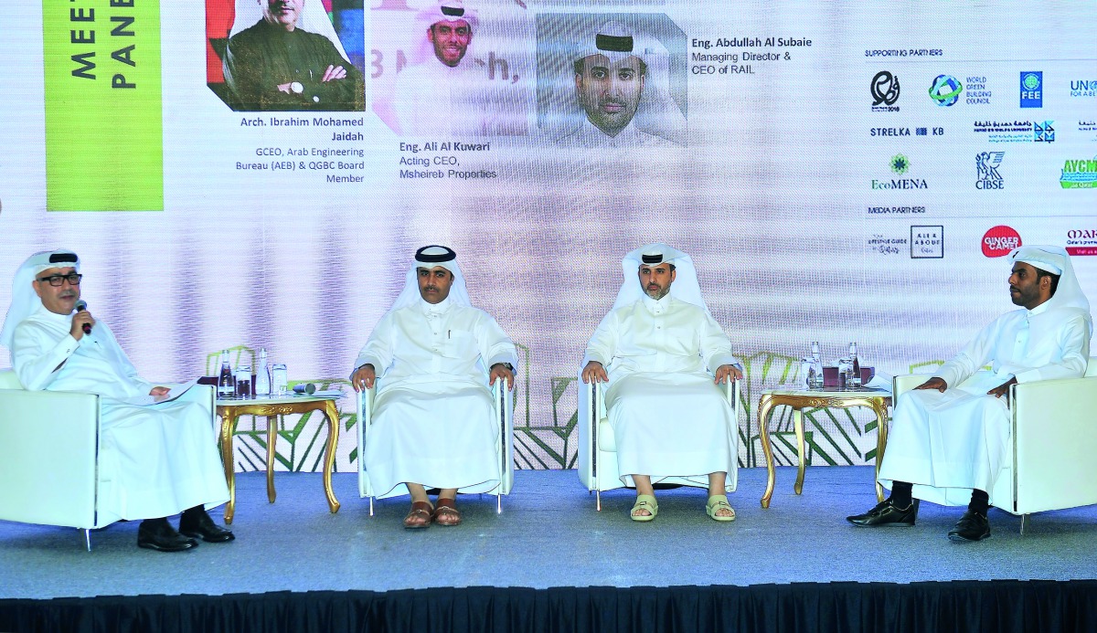 FROM LEFT: Ibrahim Mohamed Jaidah, GCEO of Arab Emgineering; Eng. Essa bin Hilal Al Kuwari, President of Kahramaa; Eng. Abdullah Al Subaie, Managing Director and CEO of Qatar Rail; and Eng. Ali Al Kuwari, Acting CEO of Masheireb Properties, during the ope