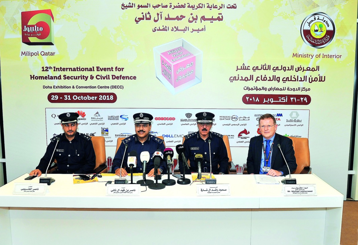 From Left: Lieutenant Colonel Nasser Al Otaibi, member of the Milipol Qatar Committee, Major General Nasser bin Fahd Al Thani, Chairman of the Committee, Brigadier Saud Rashid Al Shafi, member of the Committee, and Michael Watherseed, Milipol Event Direct