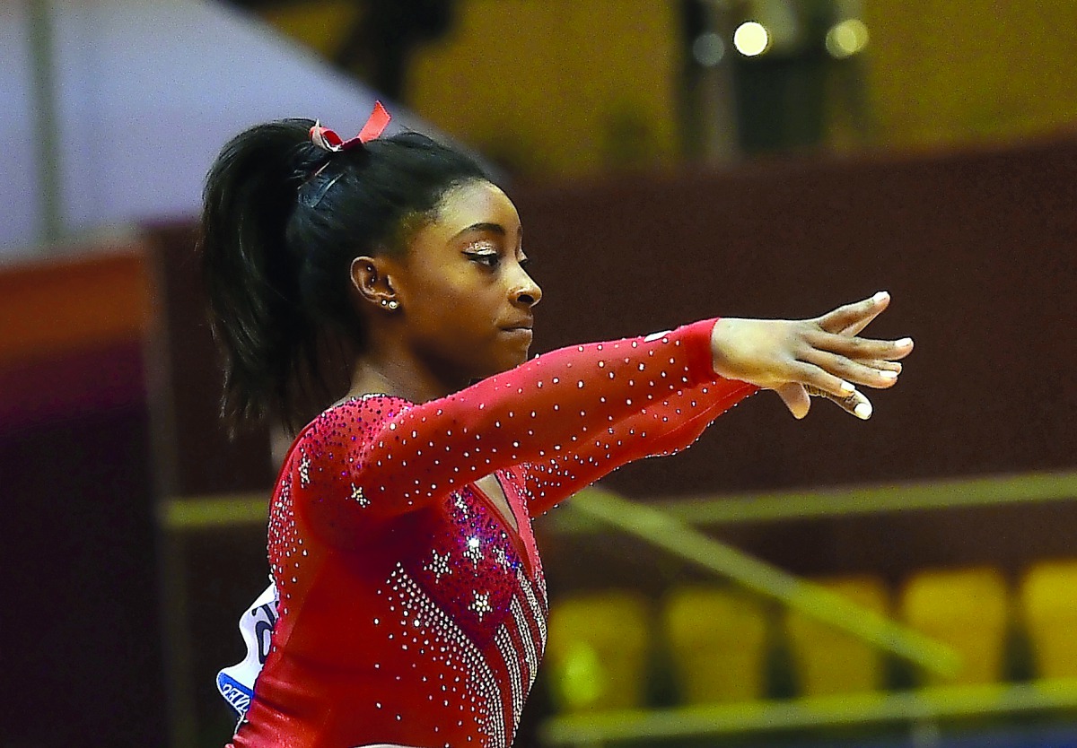 USA’s Simone Biles in action at the Aspire Dome yesterday. PICS: SYED OMAR