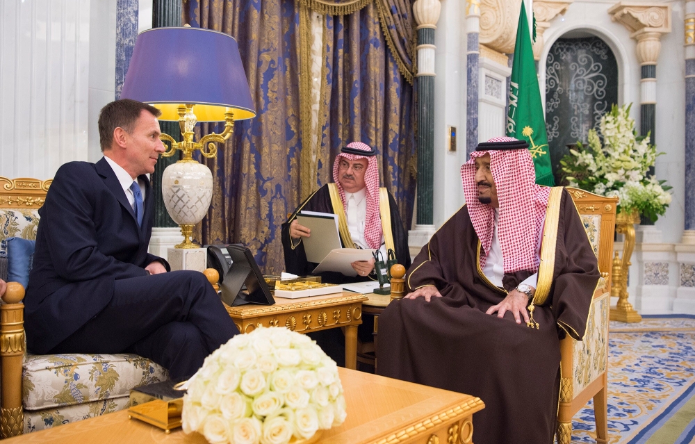 Saudi Arabia's King Salman bin Abdulaziz Al Saud meets with British Foreign Secretary Jeremy Hunt, in Riyadh, Saudi Arabia on November 12, 2018.