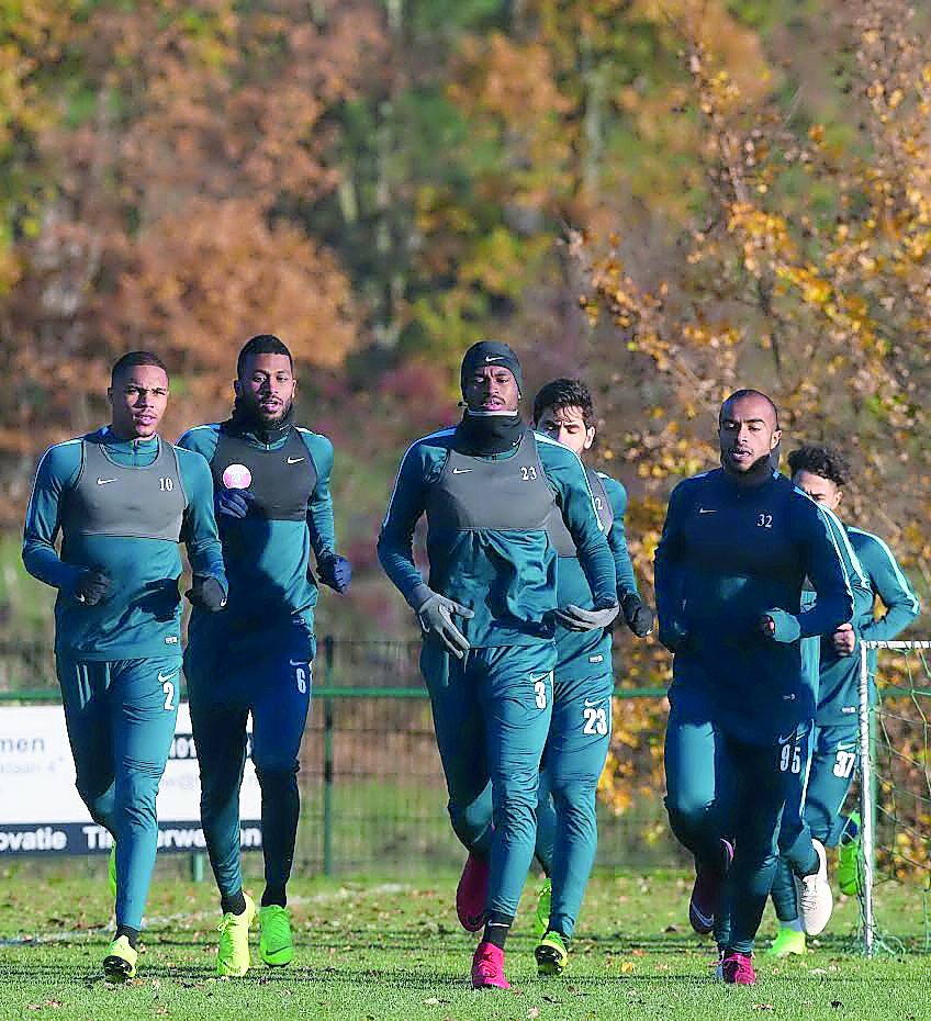 Qatar national team defender Abdulkraim Hassan (centre) and his team-mates during a training session ahead of international friendly against Iceland in Eupen, Belgium on Saturday.   