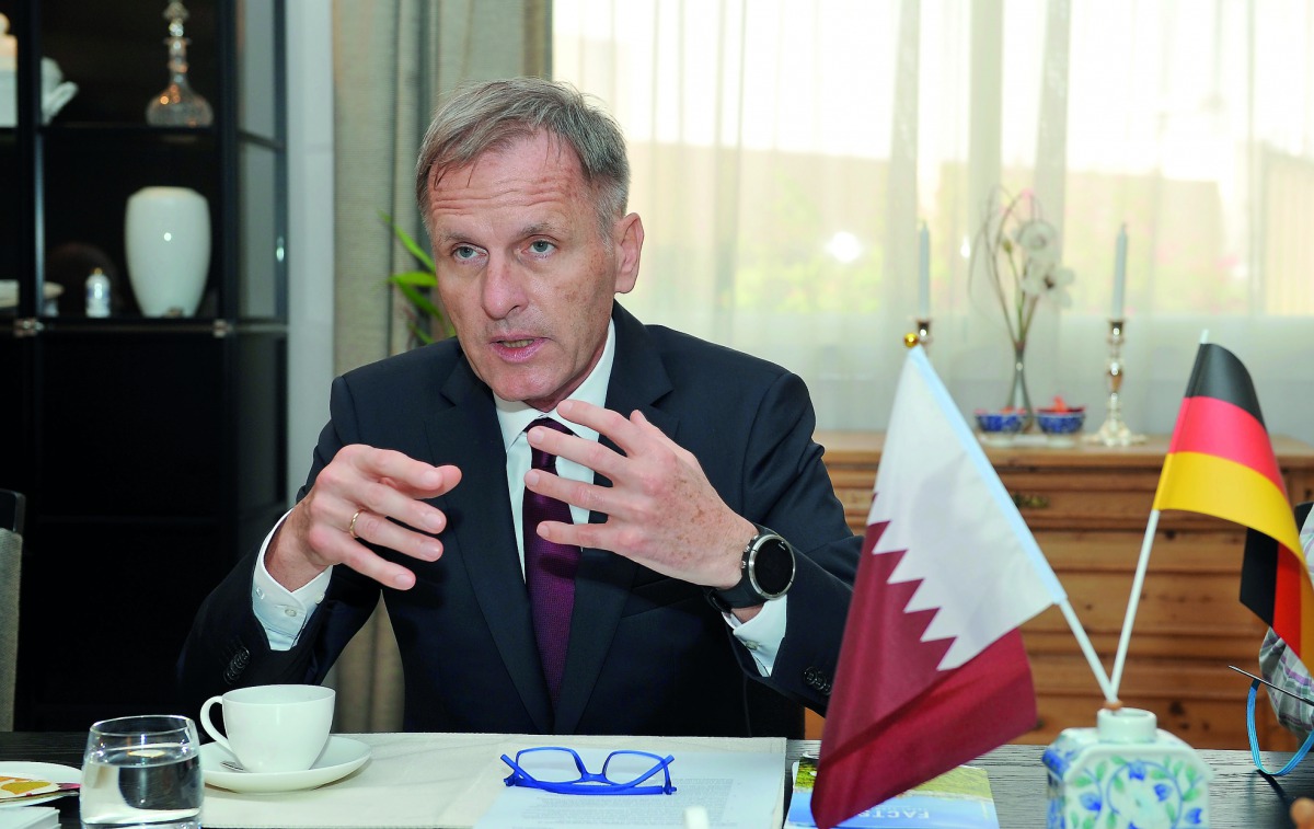 The Ambassador of Germany to Qatar, Hans-Udo Muzel, addressing the media at press conference held at his residence yesterday. Pic: Salim Matramkot/ The Peninsula