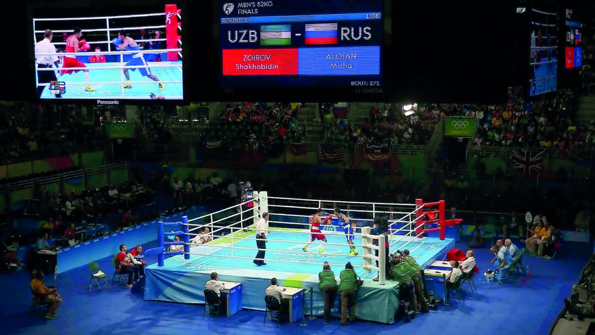 A boxing bout in progress at the Riocentro in Rio de Janeiro during the 2016 Olympic Games.