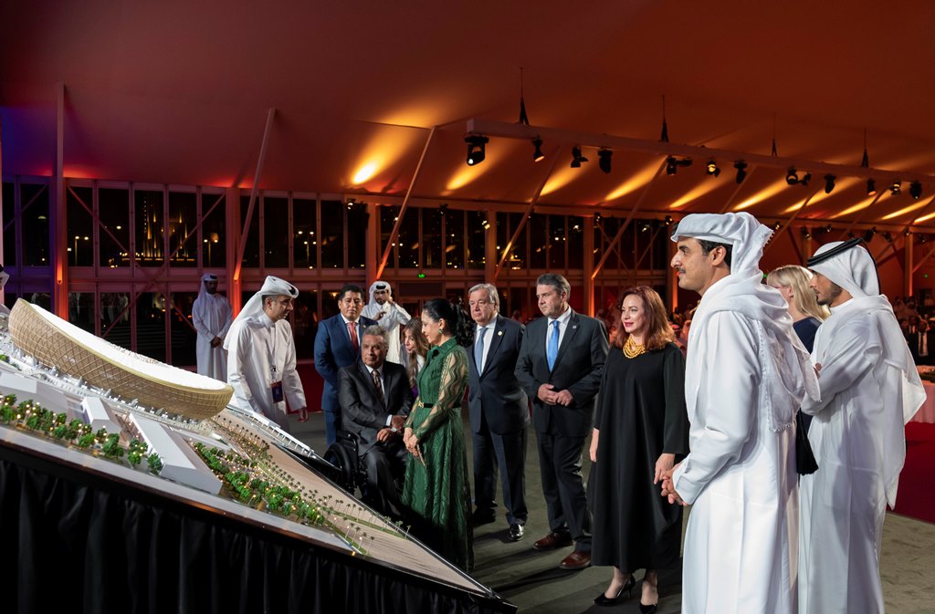 Amir H H Amir Sheikh Tamim bin Hamad Al Thani; H H Sheikh Jassim bin Hamad Al Thani, the Personal Representative of H H the Amir; and other dignitaries during the unveiling of the design for Lusail Stadium, yesterday.