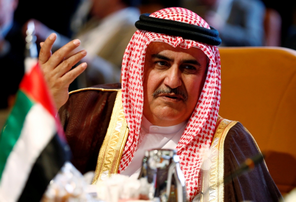 FILE PHOTO: Bahrain's Foreign Minister Khalid bin Ahmed Al Khalifa attends the Arab Foreign meeting in Riyadh, Saudi Arabia April 12, 2018. REUTERS/Faisal Al Nasser/File Photo
 