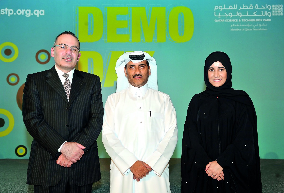 The officials of Qatar Science and Technology Park (QSTP), Mohammed Zebian, Programme Manager, Accelerators; Yousuf Abdulrahman Saleh, Executive Director and Haya Al Abdullah, Innovation Director; during the Demo Day held at the QSTP  recently.  Pic: Sali