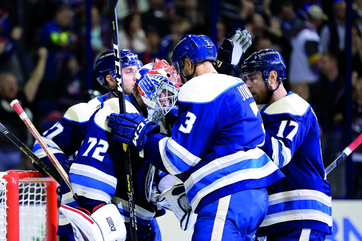 Columbus Blue Jackets goaltender Sergei Bobrovsky (72) celebrates with teammates after defeating the Vegas Golden Knights at Nationwide Arena. Credit: Aaron Doster-USA TODAY Sports