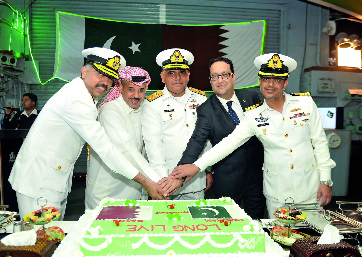 Brigadier (Naval) Hamad Mohammad Al Dosari (second left), the Officiating Commander of Qatari Amiri Naval Forces; with Mission Commander Commodore Muhammad Saleem (centre); Defence Attache of Pakistan Embassy, Commodore Irfan Taj (left); and Charge d’Affa