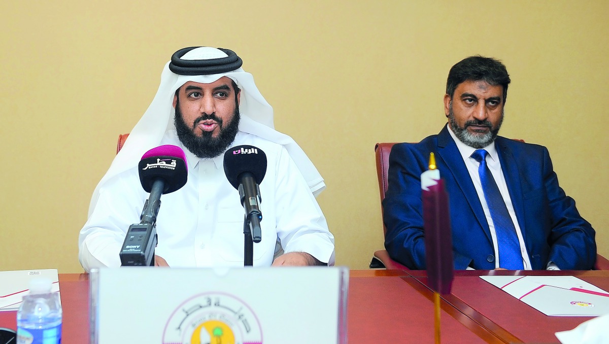 Saleh Jarullah Al Marri (left), Head of Livestock Health Section at the Animal Resources Department of Ministry of Municipality and Environment, addressing a press conference.