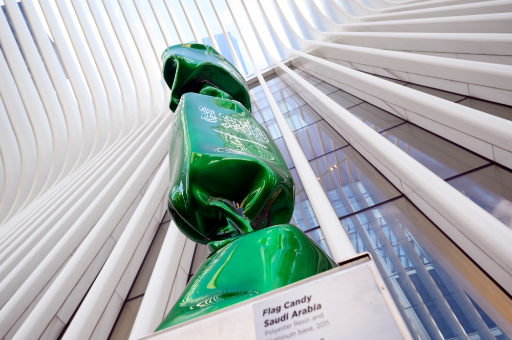 A sculpture with the flag of Saudi Arabia, part of an exhibit called 'Candy Nations' is pictured outside next to the Oculus, one of the buildings that replaced the original World Trade Center on January 14, 2019 in New York City.   AFP / Johannes EISELE