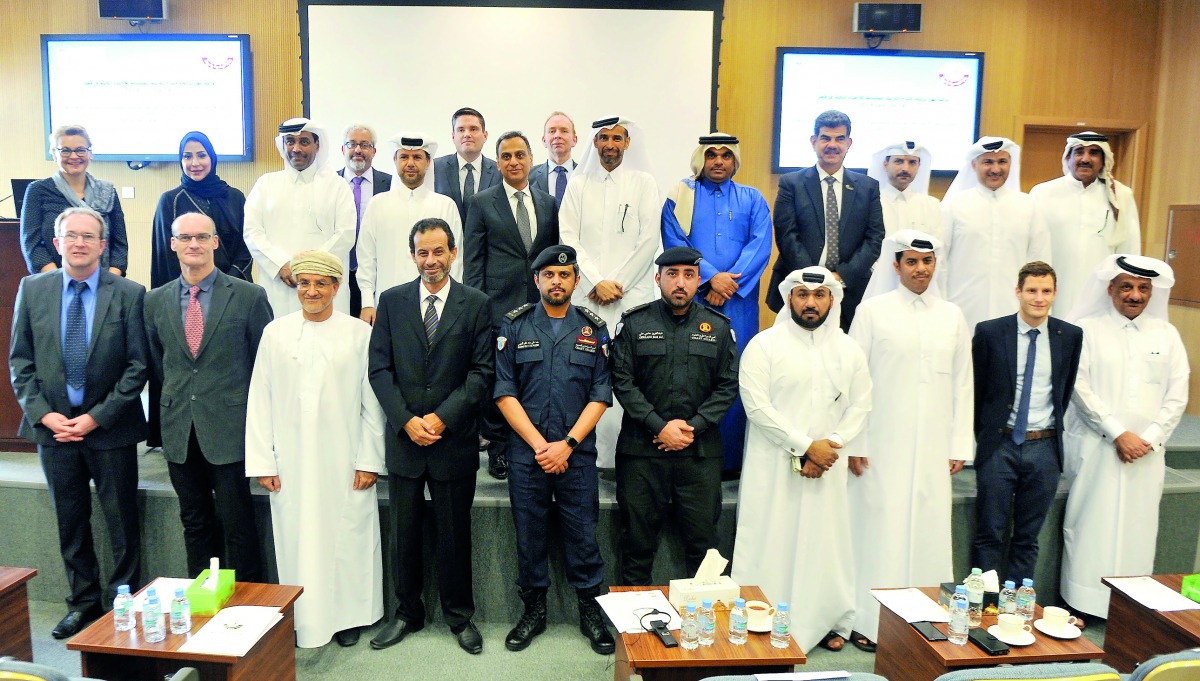 Sheikh Dr Falih bin Nasser Al Thani, Assistant Under-Secretary for Agricultural Affairs and Fisheries, and Ajay Sharma, British Ambassador to Qatar, with other officials and trainers during the opening session of workshop at the premises of  Aquatic Resea