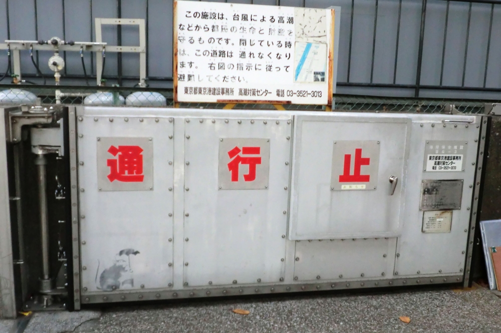 This handout photograph taken on December 21, 2018 and released by the Tokyo Metropolitan Government on January 17, 2019 shows a drawing (bottom L) of a rat holding an umbrella, pictured on a door which is designed to prevent flooding during high tides, n