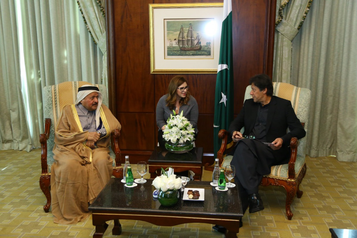 Pakistan’s Prime Minister, Imran Khan (right) meets with Sheikh Faisal bin Qassim Al Thani, Chairman, Qatari Businessmen Association, yesterday.